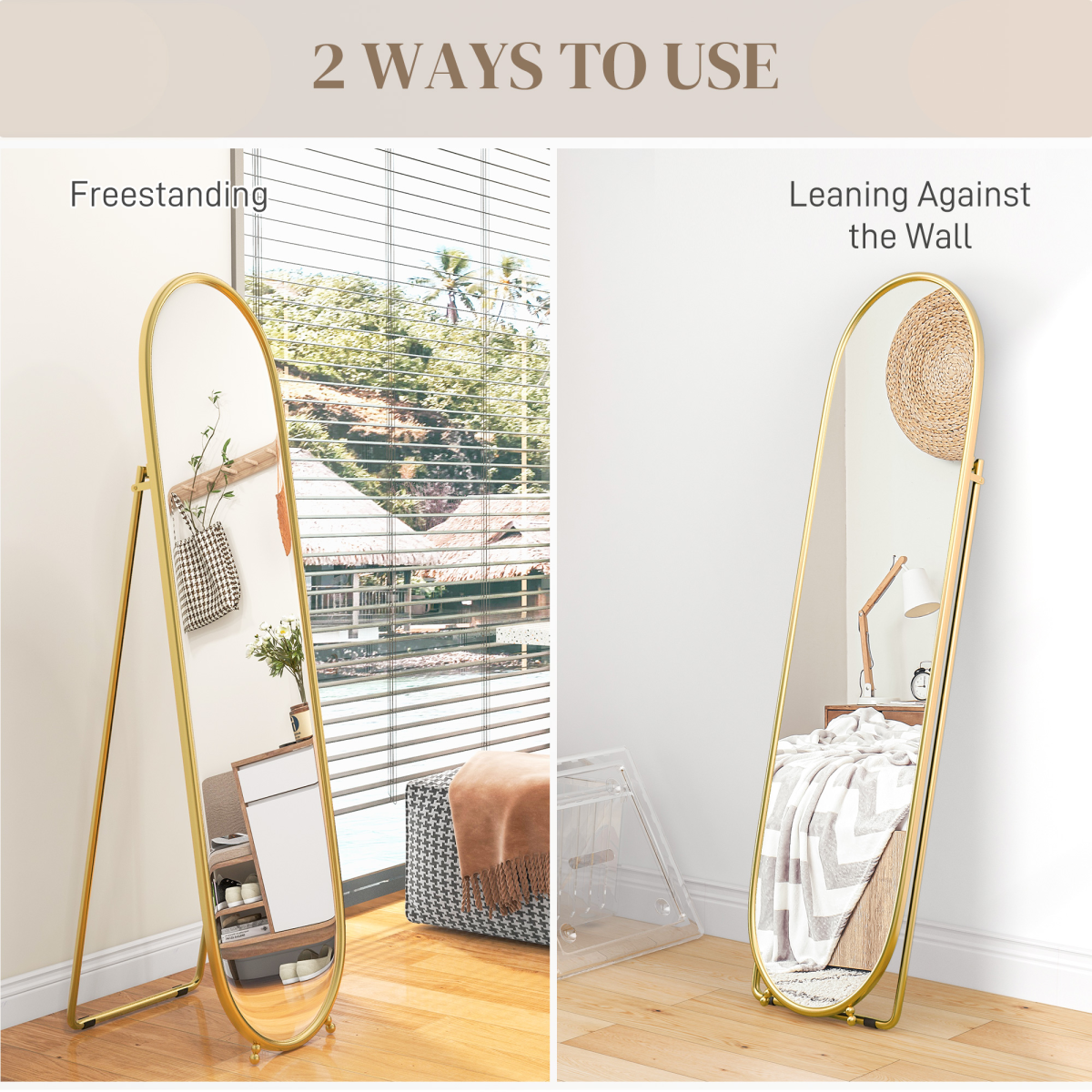 HOMCOM Oval Full Length Mirror with Metal Frame Hanging or Leaning Gold Tone