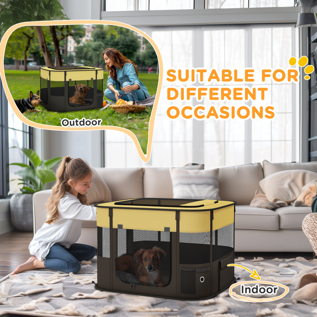 PawHut Portable Dog Pen for Puppies, Rabbits, Kittens, Guinea Pigs - Yellow