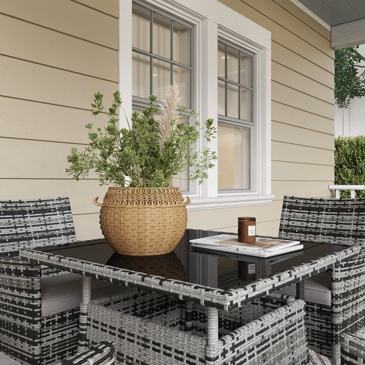 Outsunny 4 Seater Rattan Garden Furniture Set w/ Tempered Glass Tabletop - Grey