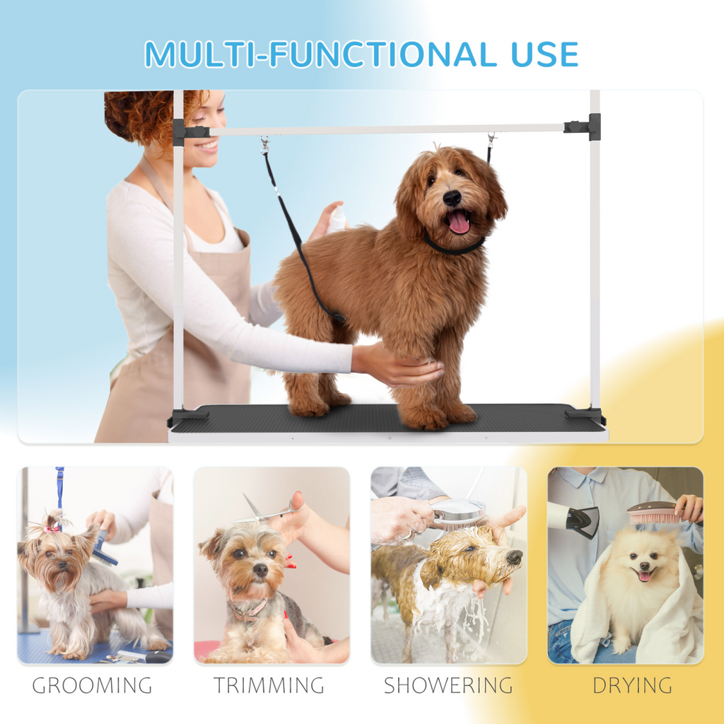 Dog Grooming Table Metal Adjustable Rubber Top 2 Safety Slings Mesh Black