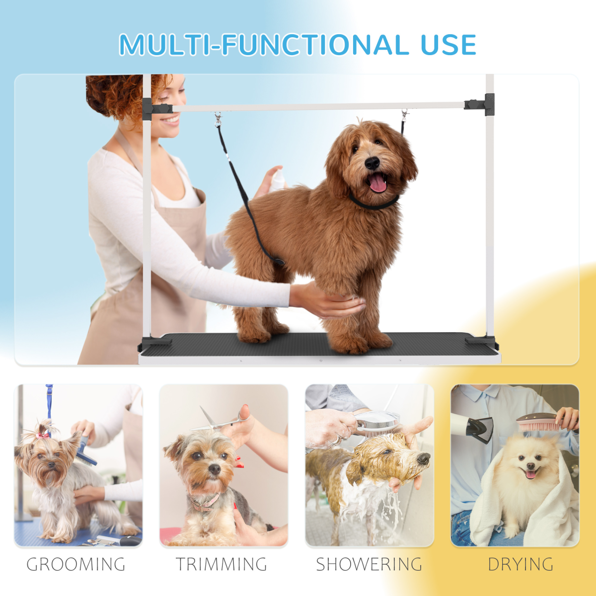 Dog Grooming Table Metal Adjustable Rubber Top 2 Safety Slings Mesh Black
