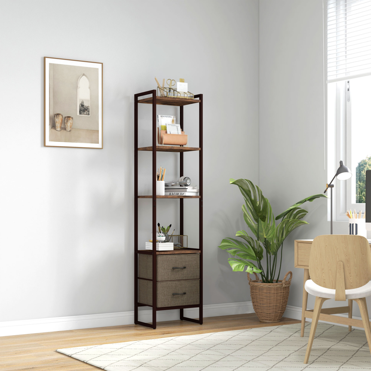HOMCOM 4-Tier Bookshelf Bookcase with 2 Fabric Drawers for Bedroom Study