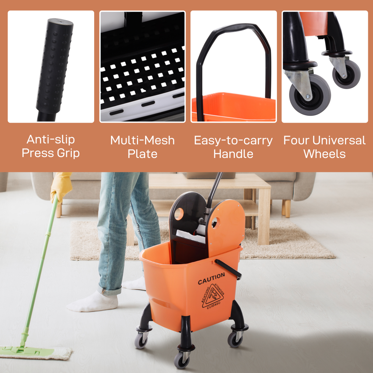 HOMCOM Mop Bucket on Wheels with Carry Handle, Mop Holder and Plastic Body