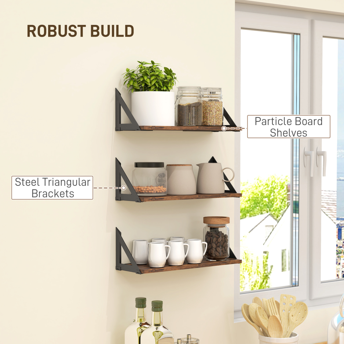 HOMCOM Set of 3 Vintage Wall Shelves for Living Room Rustic Brown