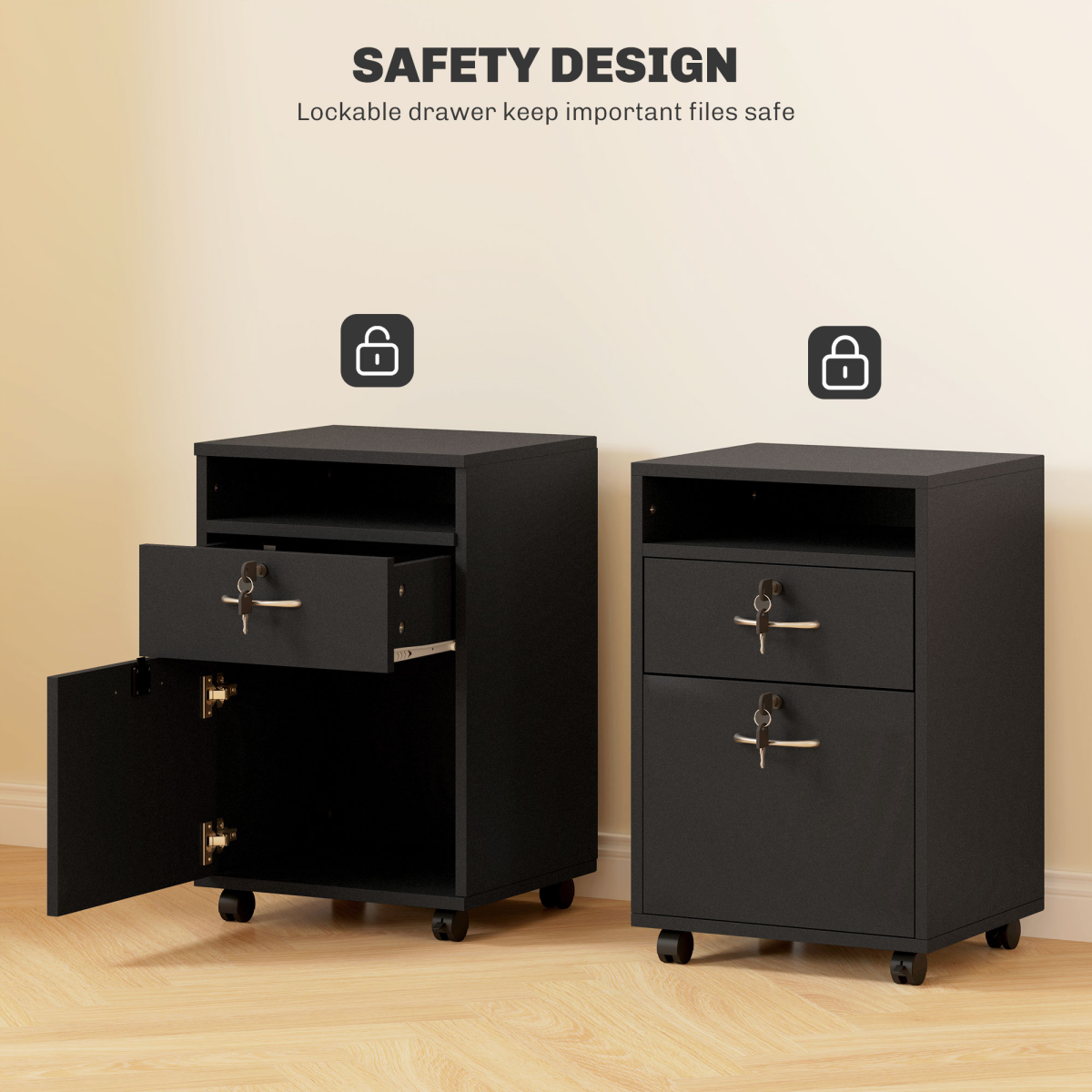 HOMCOM 60cm Storage Cabinet with Drawers and Open Shelf, Black