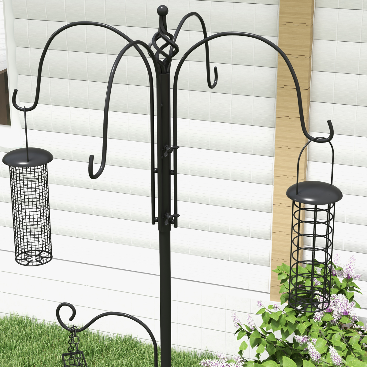 Bird Feeding Station Kit Wild Bird Feeder Pole w/ 6 Hooks 4 Hanging Feeders