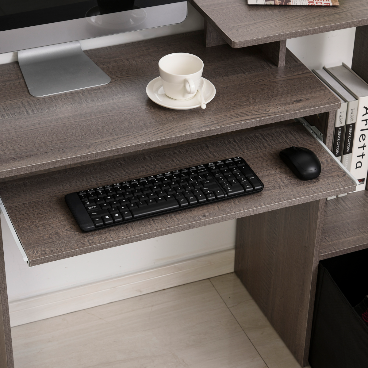 Unique Grey Computer Desk with Sliding Tray & Hidden Storage Solutions