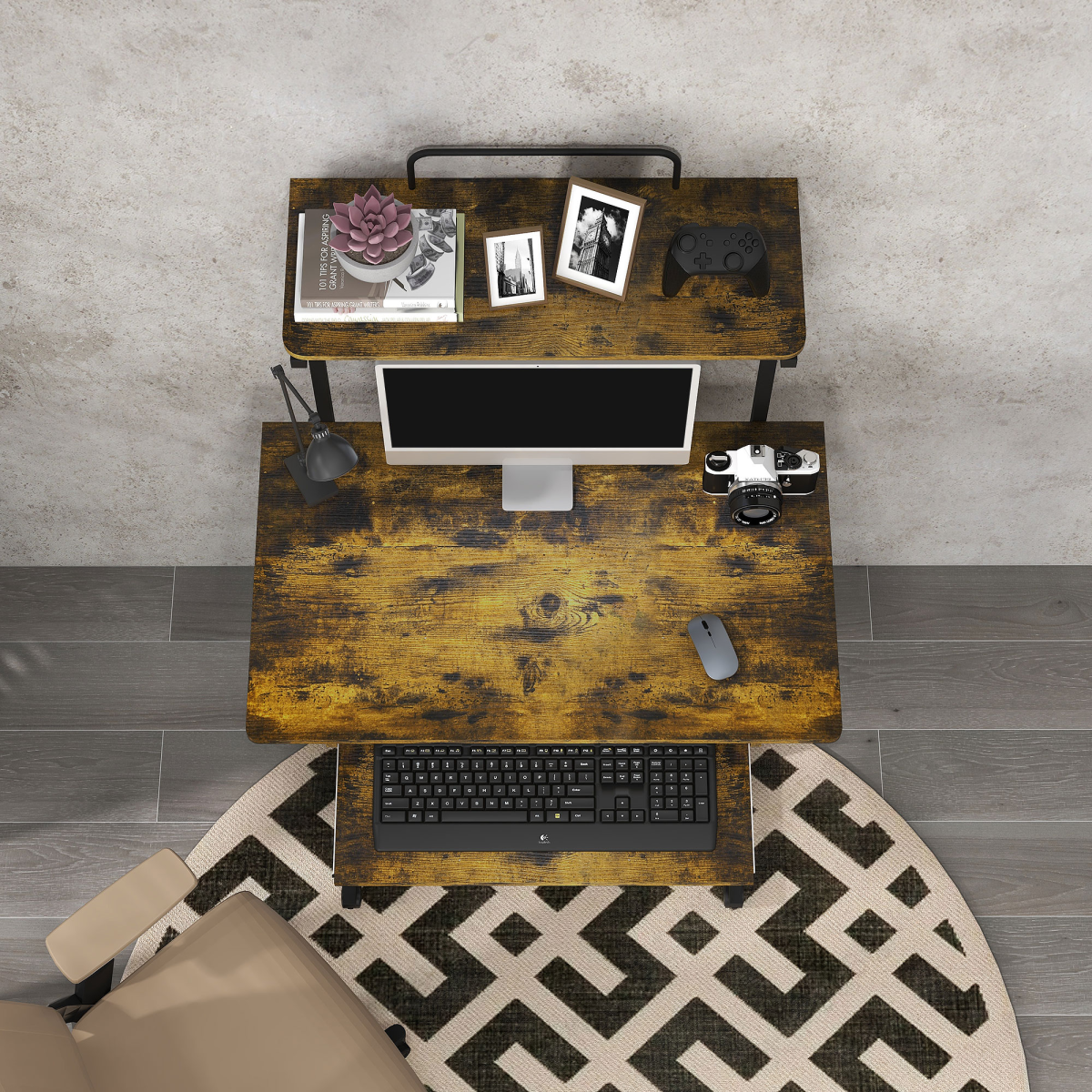 HOMCOM Rustic Brown Rolling Computer Desk with Keyboard Tray & Storage