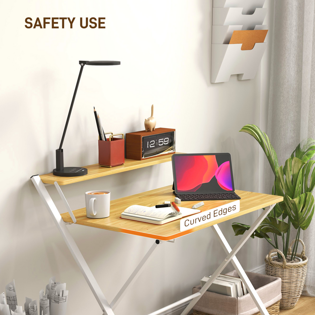 Space-Saving HOMCOM Folding Desk with 2-Tier Shelf – Stylish Maple Wood Design