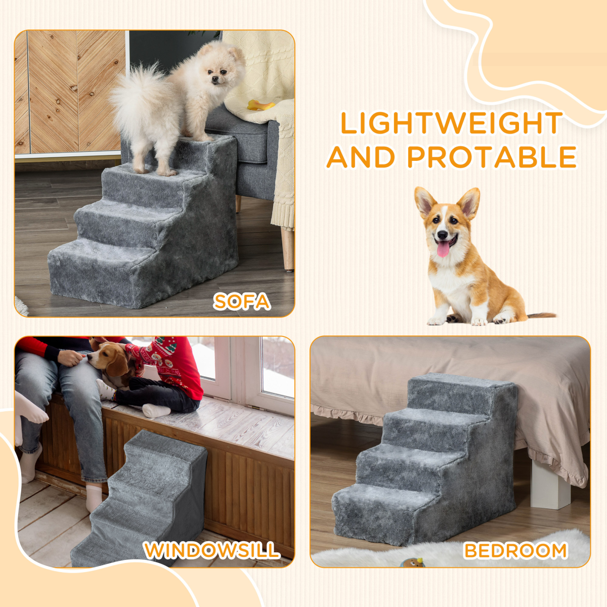 Portable Dog Stairs with Washable Plush Cover, for High Bed Sofa - Light Grey