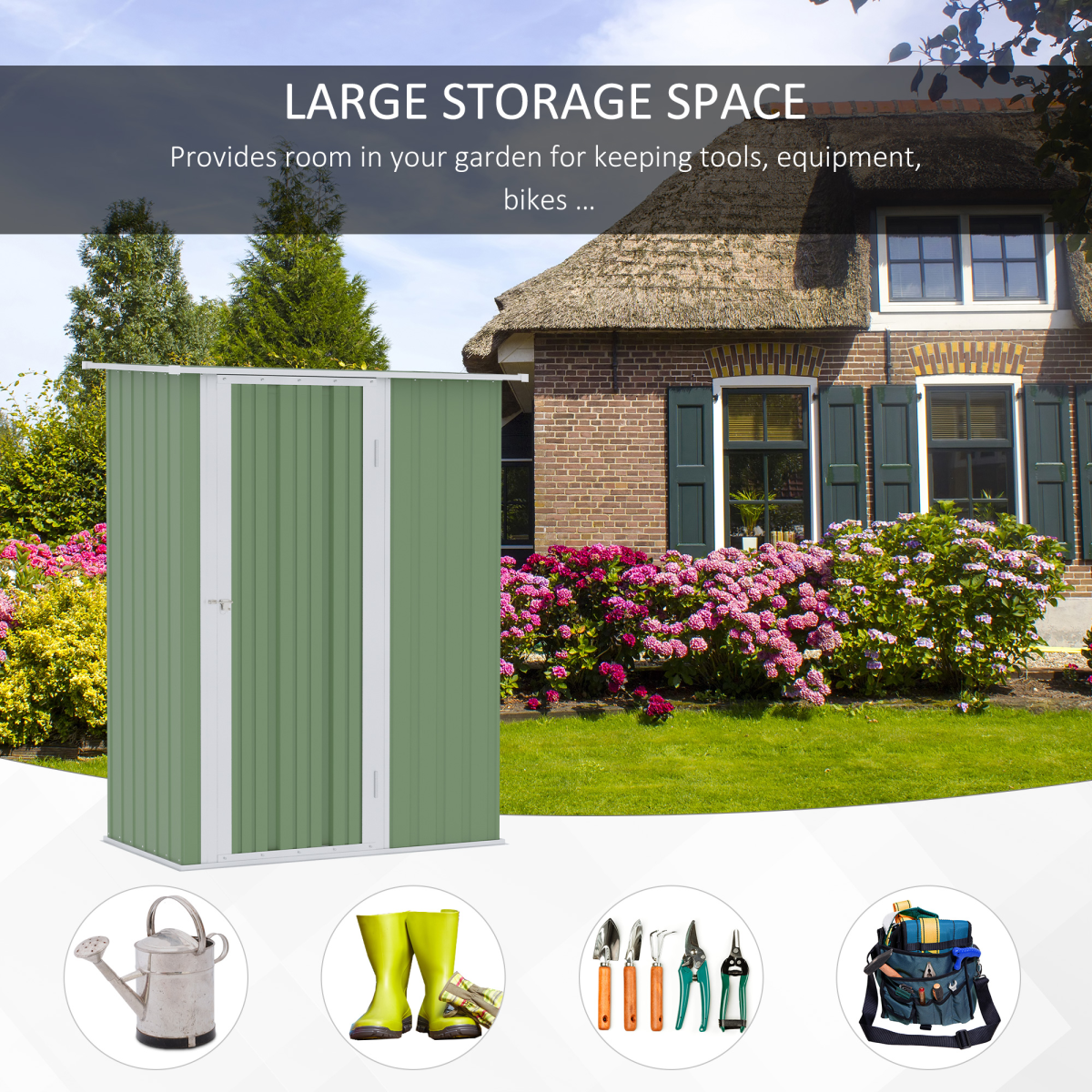 Garden Storage Shed, Sloped Roof, Lockable Door Green, 142x84x189cm