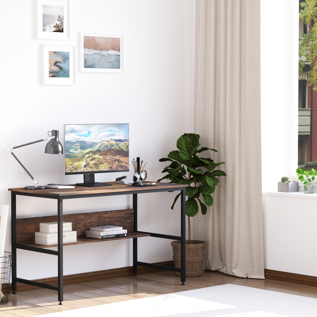2-Tier Writing Desk Metal Frame Smooth Shelves Storage Shelf Rustic Brown