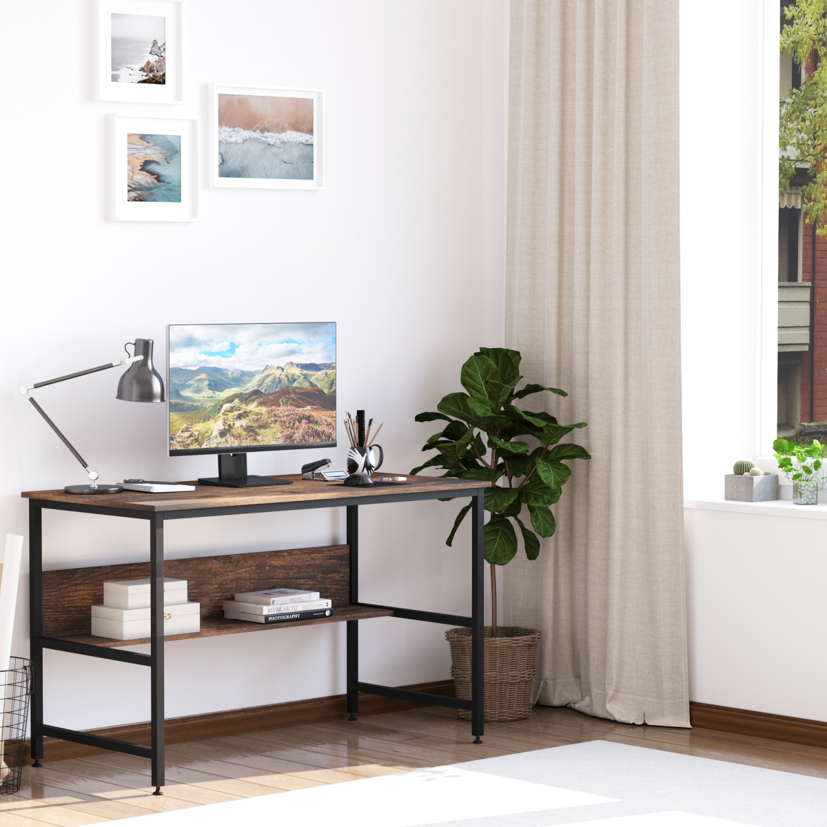 2-Tier Writing Desk Metal Frame Smooth Shelves Storage Shelf Rustic Brown