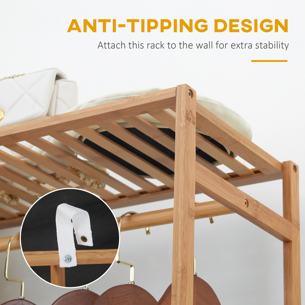 Bamboo Clothes Rail Garment Rack with 6 Tier Storage Shelf Hanging Rod