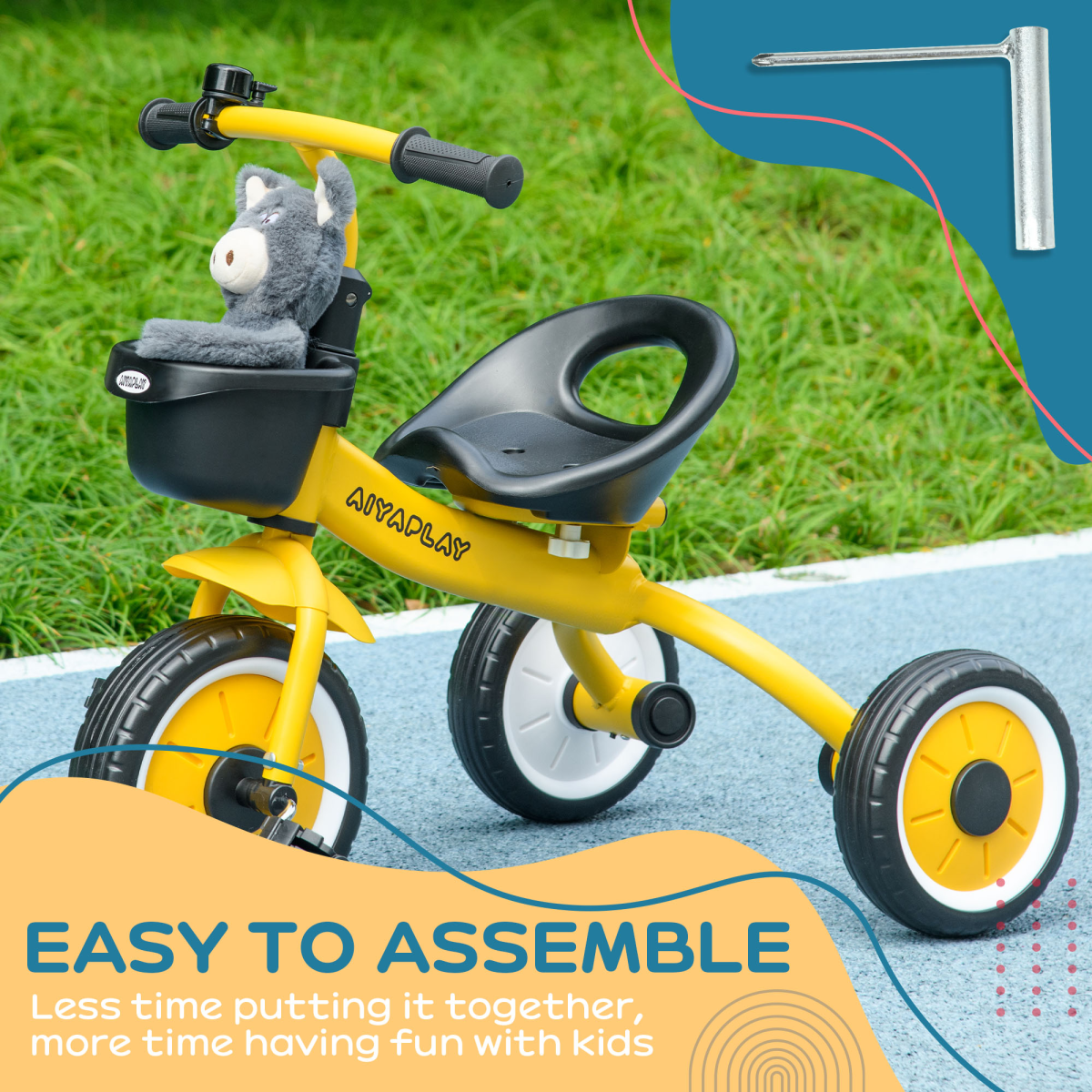 AIYAPLAY Trike with Adjustable Seat Basket Kids Tricycle for 2-5 Year Old Yellow