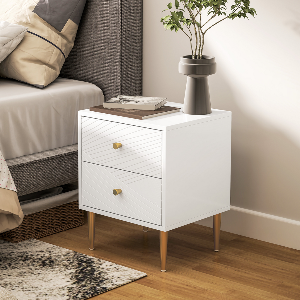 Elegant White Nightstand with Gold Handles & Storage Drawers