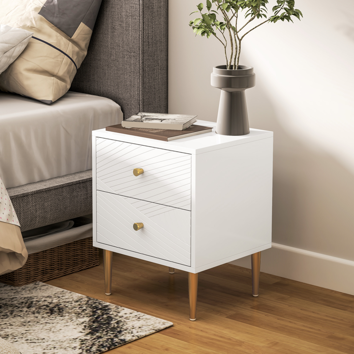 Elegant White Nightstand with Gold Handles & Storage Drawers