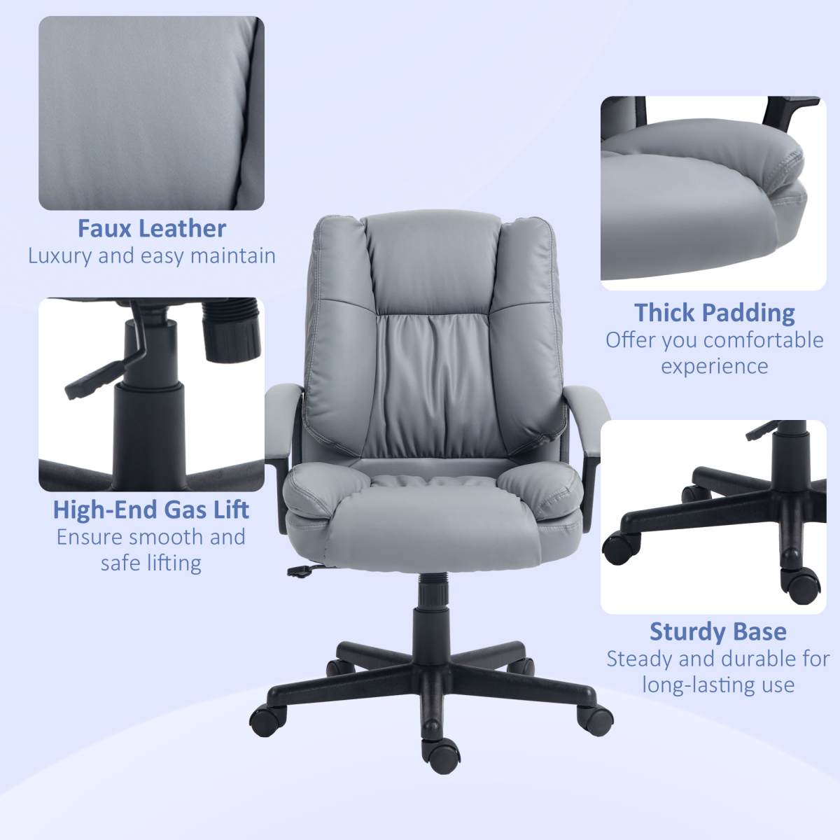 Ergonomic Light Grey Faux Leather Office Chair - Stylish & Comfortable Support
