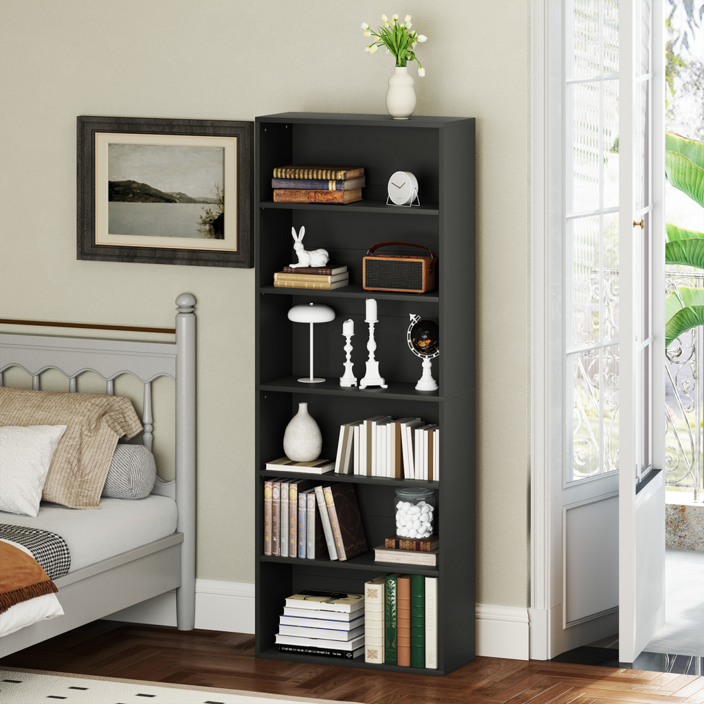 Elegant 6-Tier Adjustable Bookshelf - Stylish Black Freestanding Bookcase
