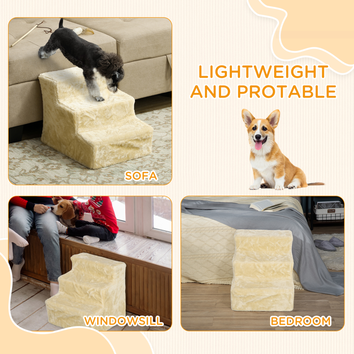 PawHut Three-Step Portable Dog Stairs with Washable Plush Cover