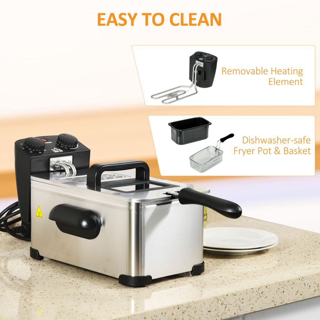 HOMCOM 3 Litre Deep Fat Fryer with Adjustable Temperature, 60min Timer, 2000W