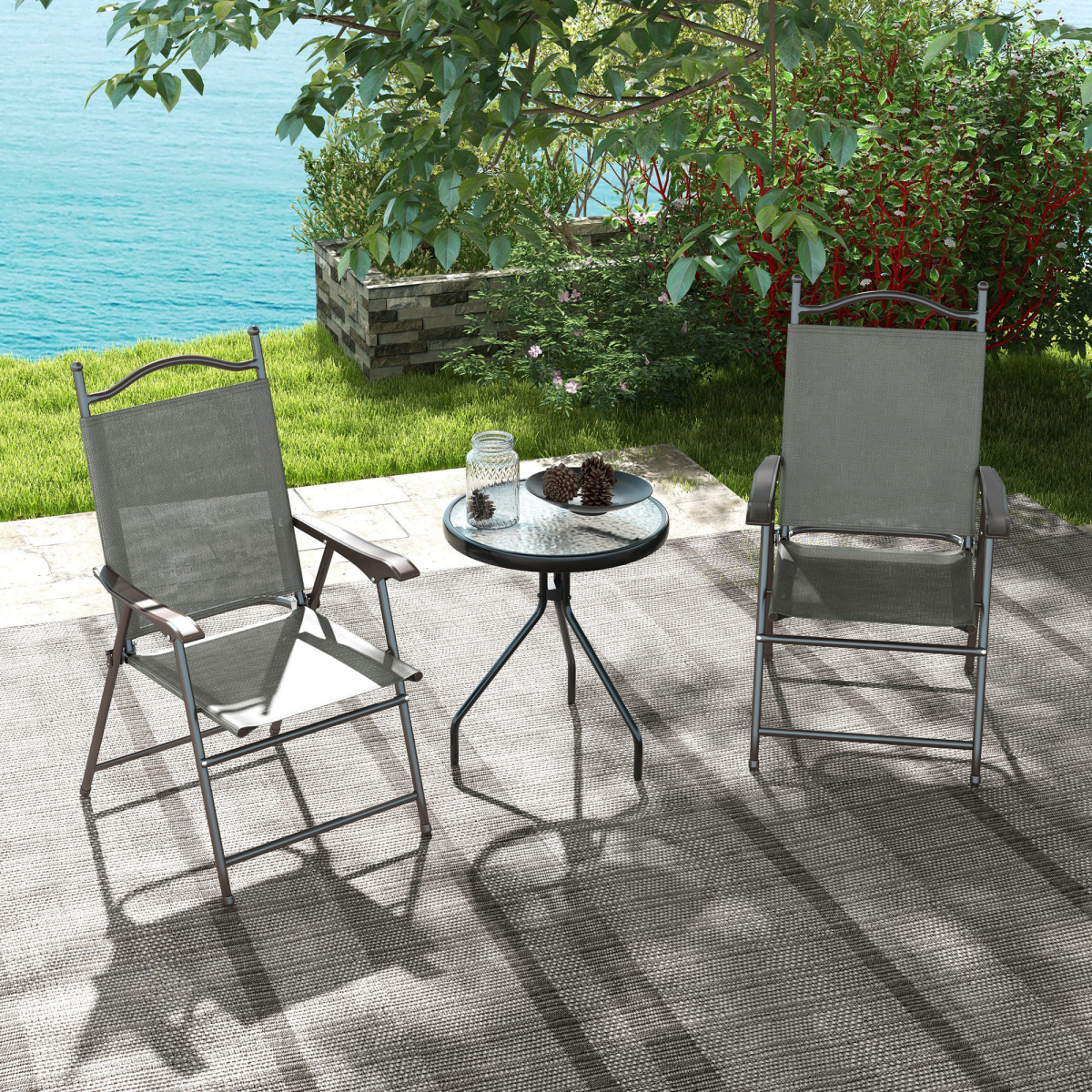 Outsunny Folding Chairs Set with Armrest, Breathable Mesh Fabric Seat, Dark Grey