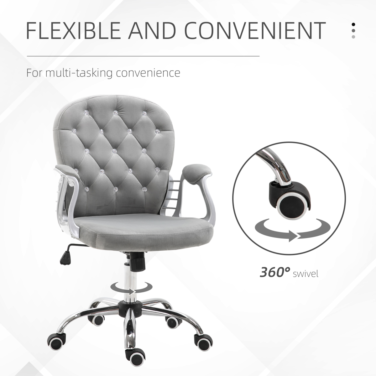 Sparkling Elegance: Ergonomic Velvet Diamond-Tufted Office Chair in Grey
