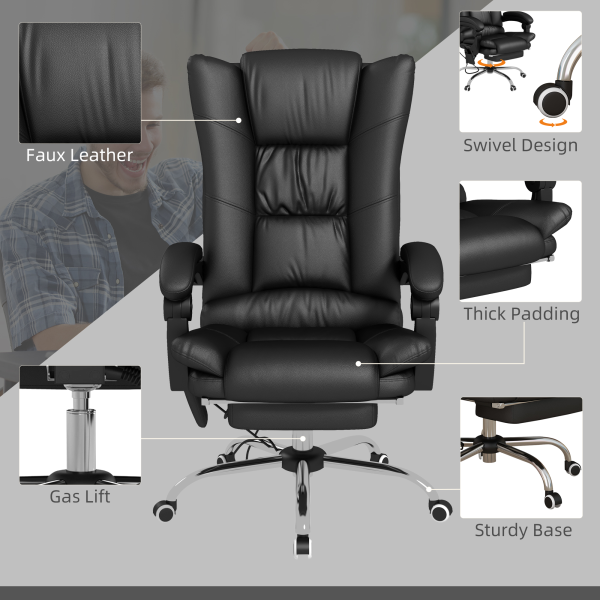 Vinsetto PU Leather Vibration Massage Office Chair with Heat, Black
