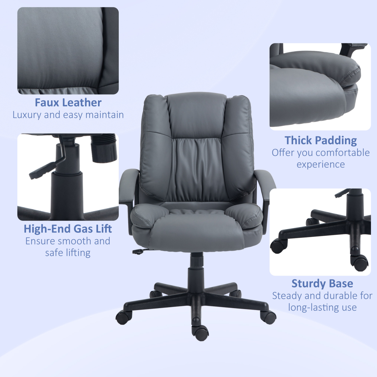 Stylish HOMCOM Dark Grey Faux Leather Mid Back Desk Chair with Adjustable Arms