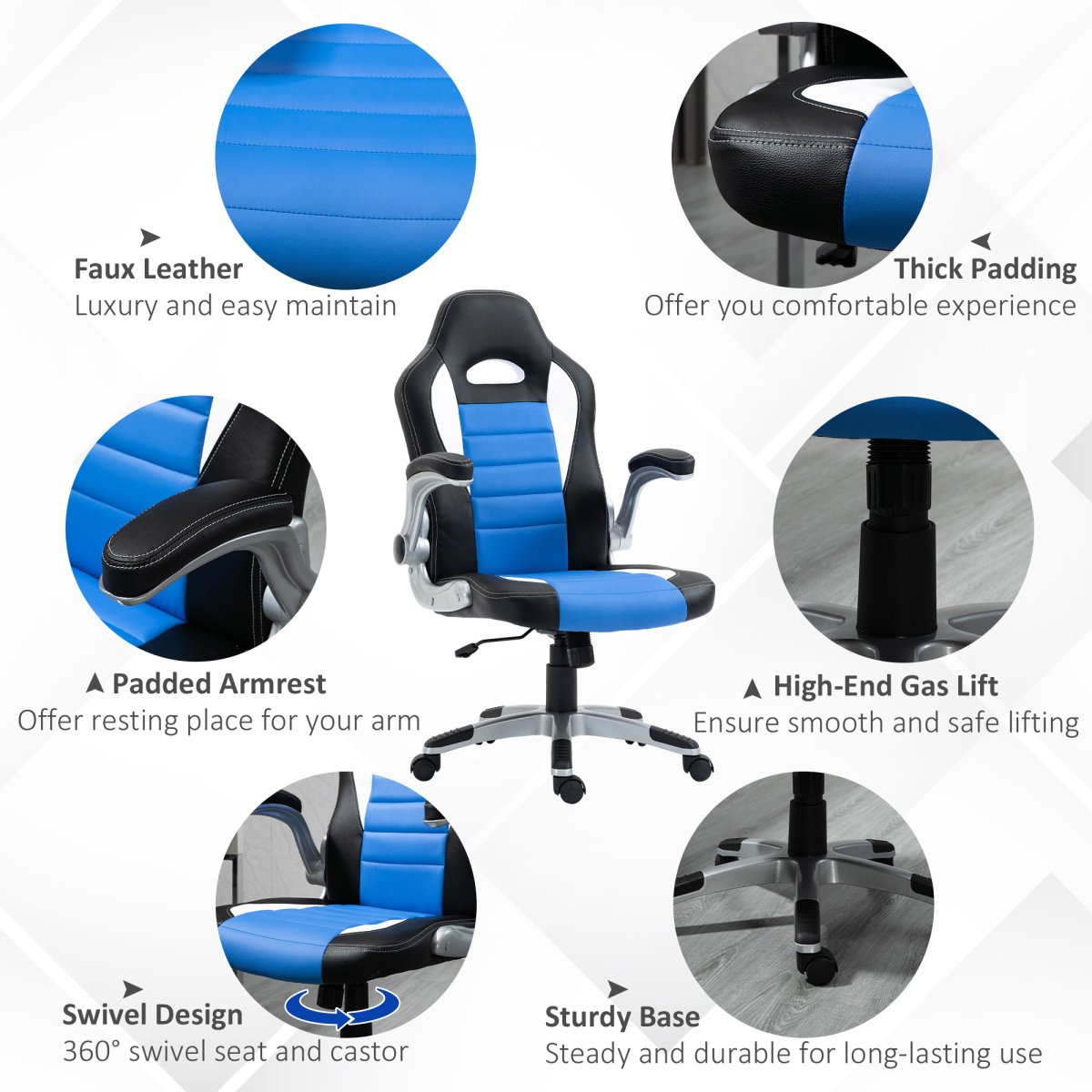 Adjustable Blue Racing Gaming Chair with Swivel Seat & Flip-Up Armrests