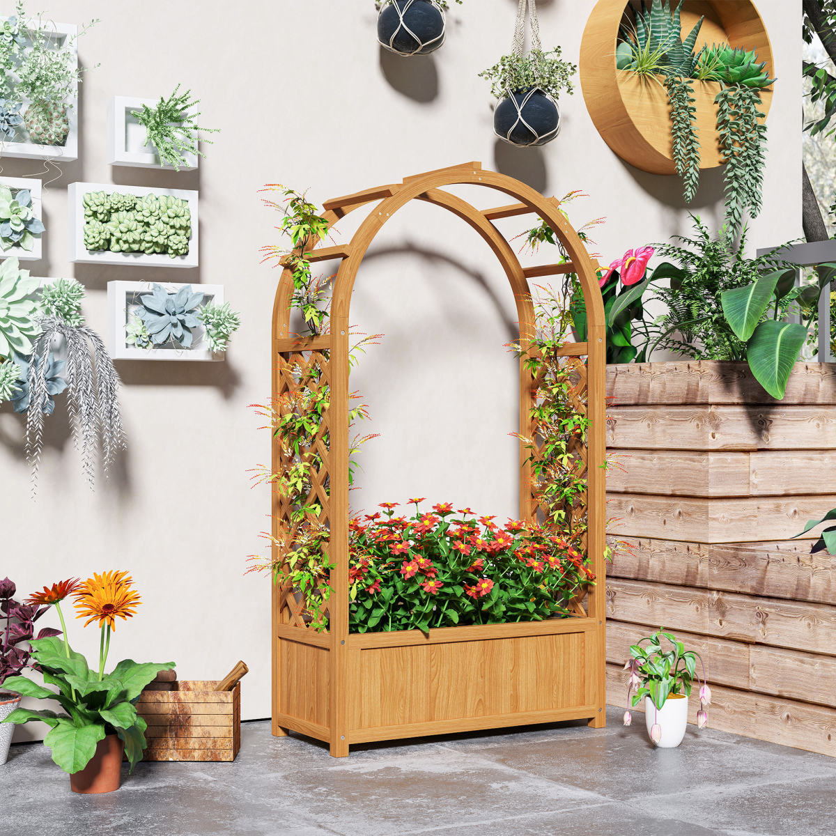 Outsunny Wooden Raised Garden Bed with Trellis & Fabric Liner for Easy Planting