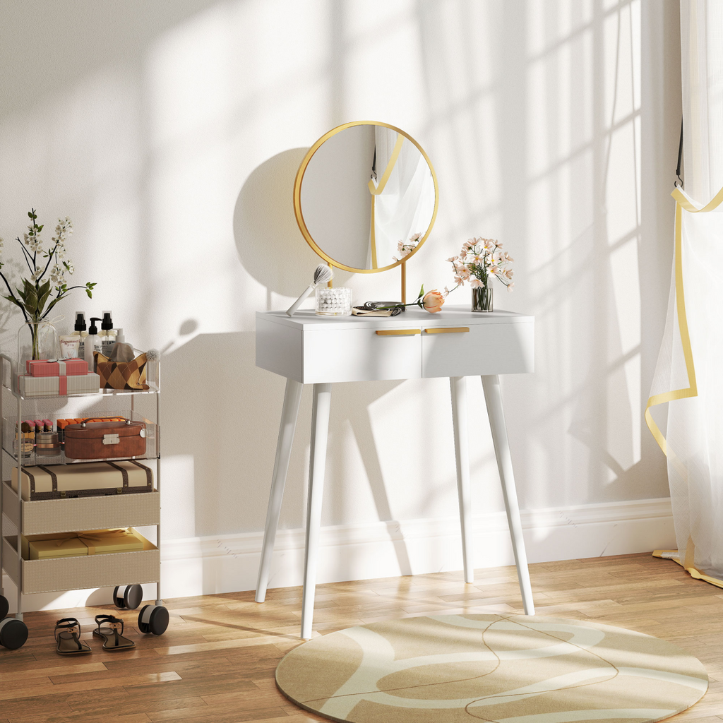 HOMCOM Modern Dressing Table w/ 2 Drawers Round Mirror for Bedroom White