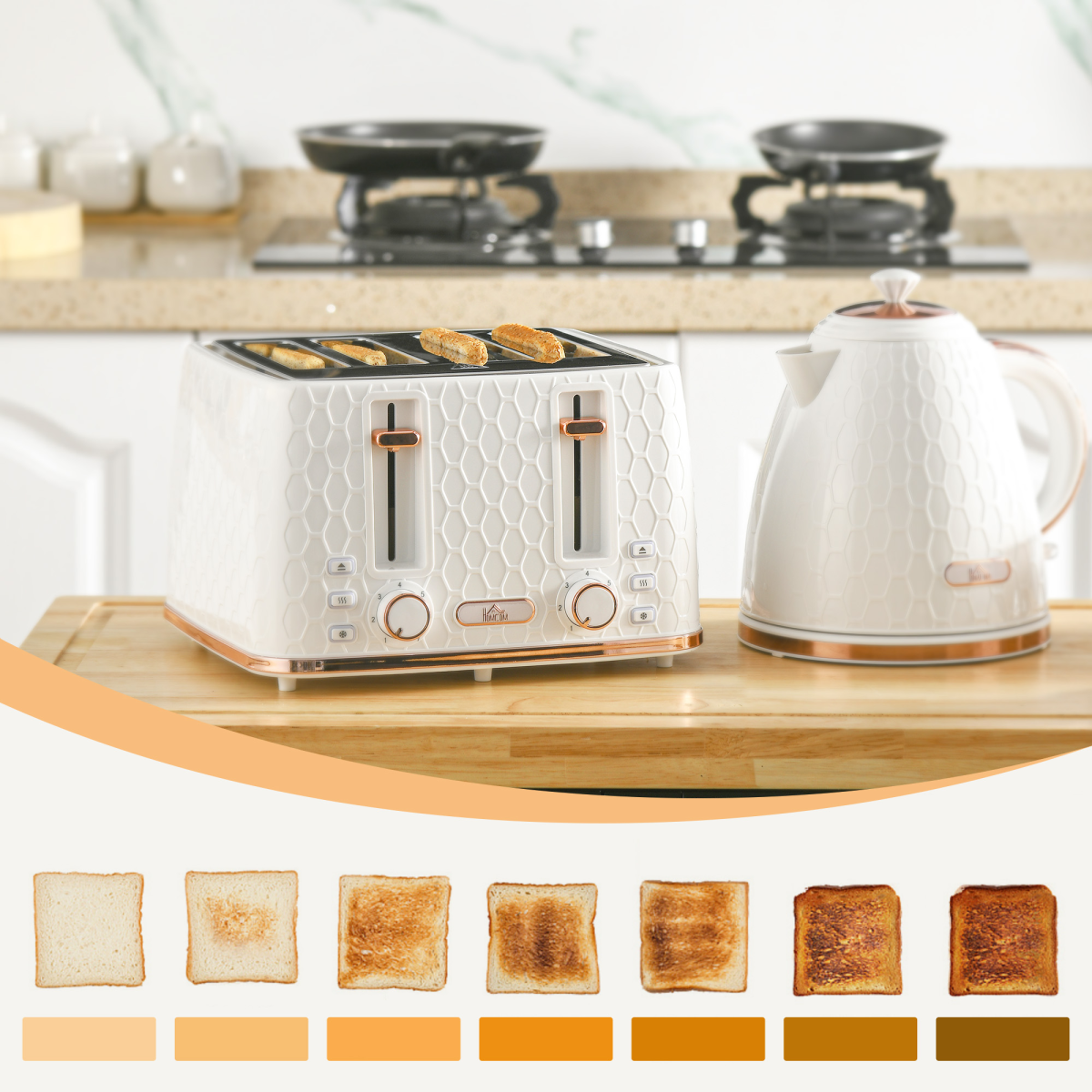 HOMCOM 1.7L Kettle and Toaster Set with Defrost, Reheat and Crumb Tray, White