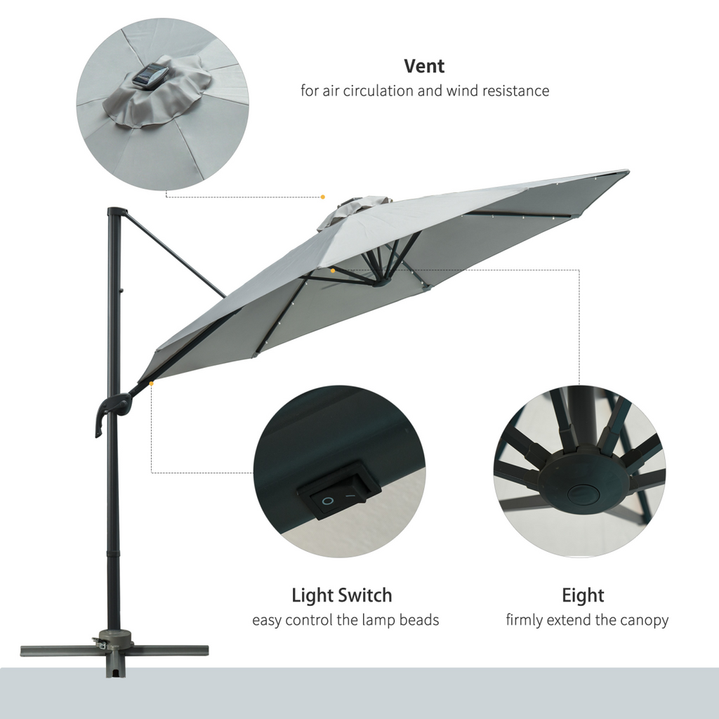 3m Cantilever Roma Parasol Patio Sun Umbrella with LED Solar Light, Grey
