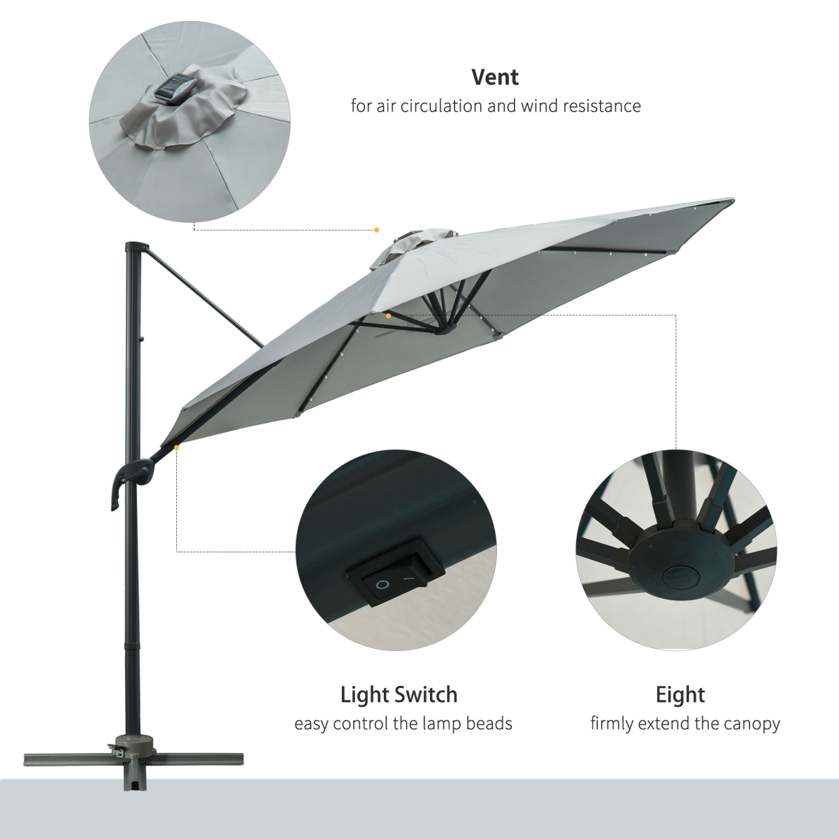 3m Cantilever Roma Parasol Patio Sun Umbrella with LED Solar Light, Grey