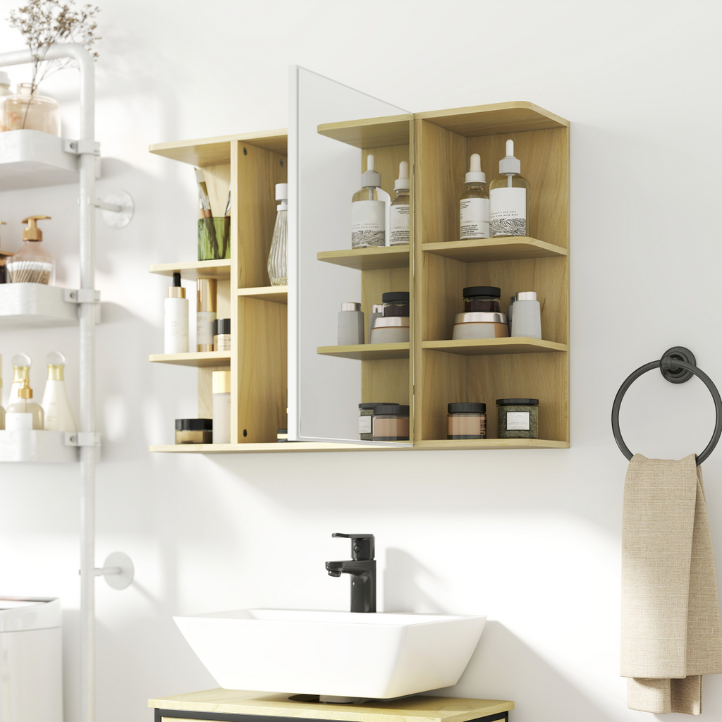 HOMCOM Bathroom Wall Cabinet with Mirror and Open Storage Shelves Natural