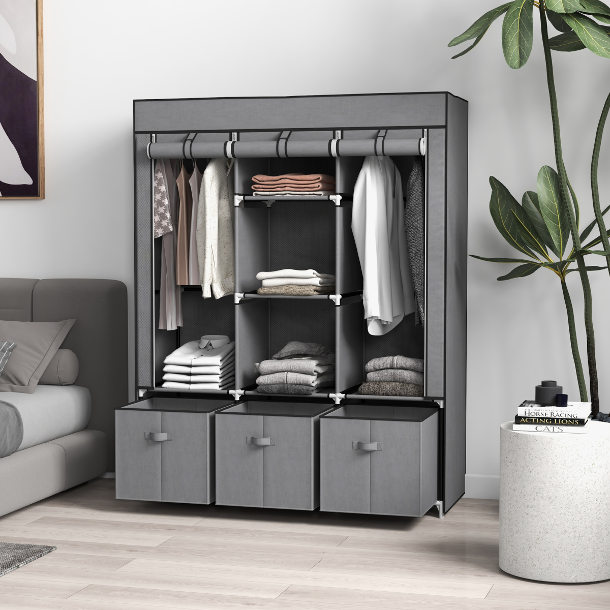 HOMCOM Portable Wardrobe w/ 5 Shelves 3 Fabric Drawers and 2 Hanging Rails Grey