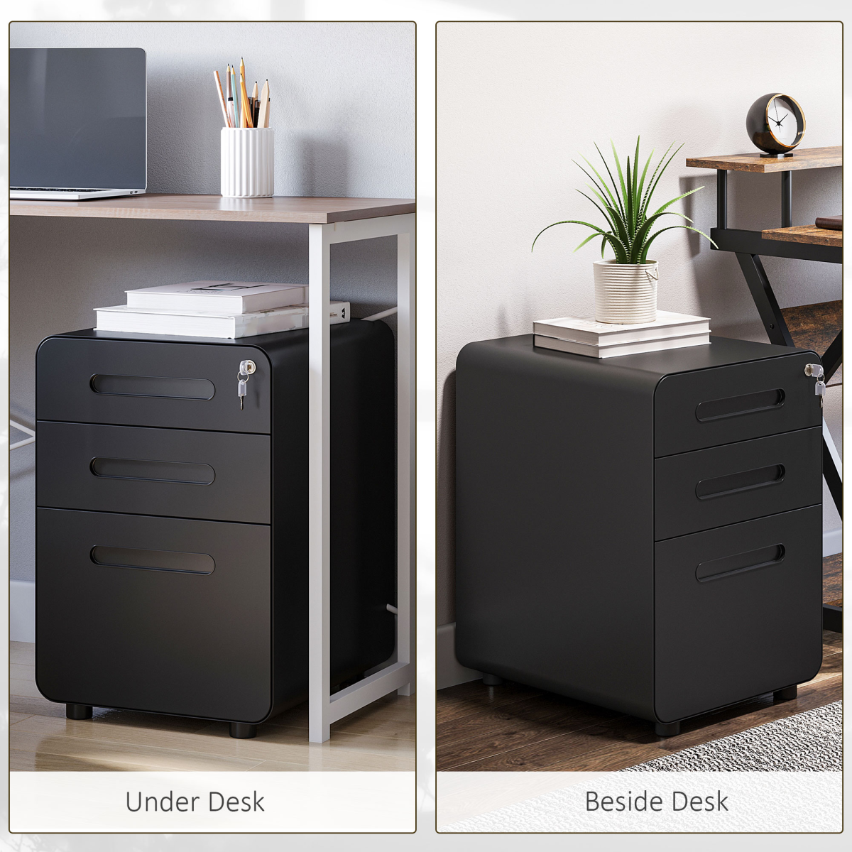 3 Draw Modern Steel Filing Cabinet w/ 4 Wheels Lock Pencil Box Black Vinsetto