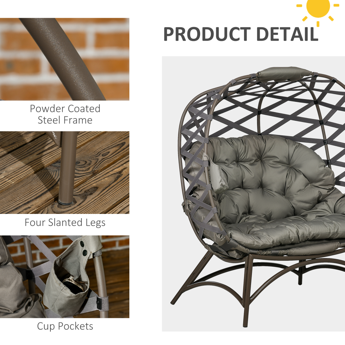 Outsunny 2 Seater Egg Chair Outdoor with Cushion, Cup Pockets - Sand Brown