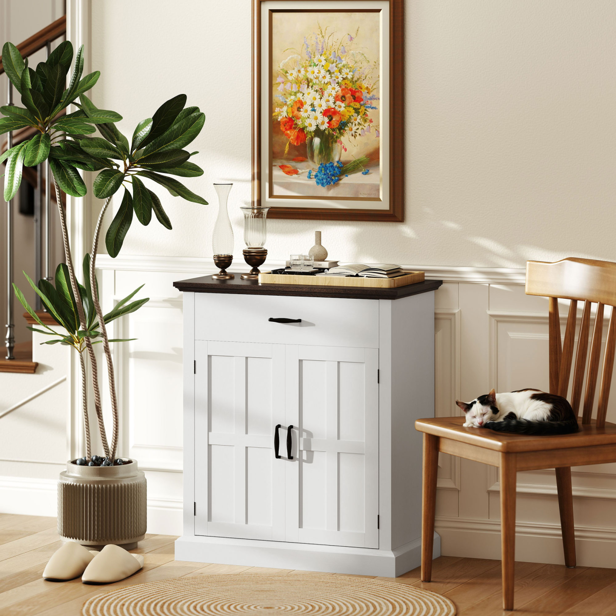 HOMCOM Sideboard Storage Cabinet with Thick Tabletop and 2 Barn Doors White