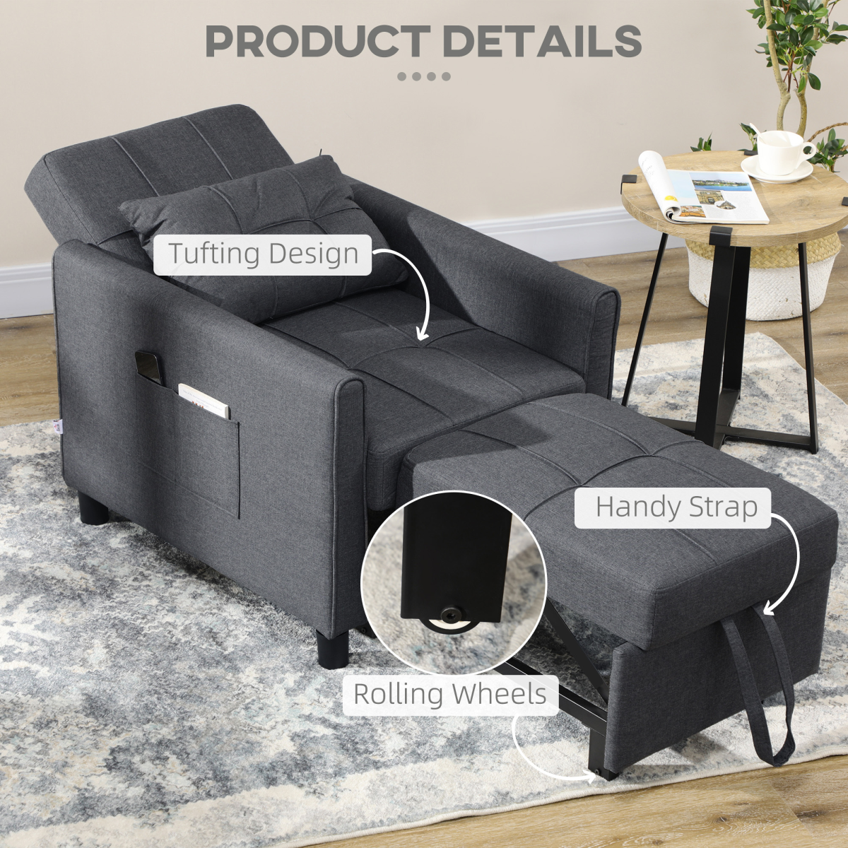 HOMCOM Pull Out Chair Bed, Sleeper Chair with Pillow, Side Pockets, Grey