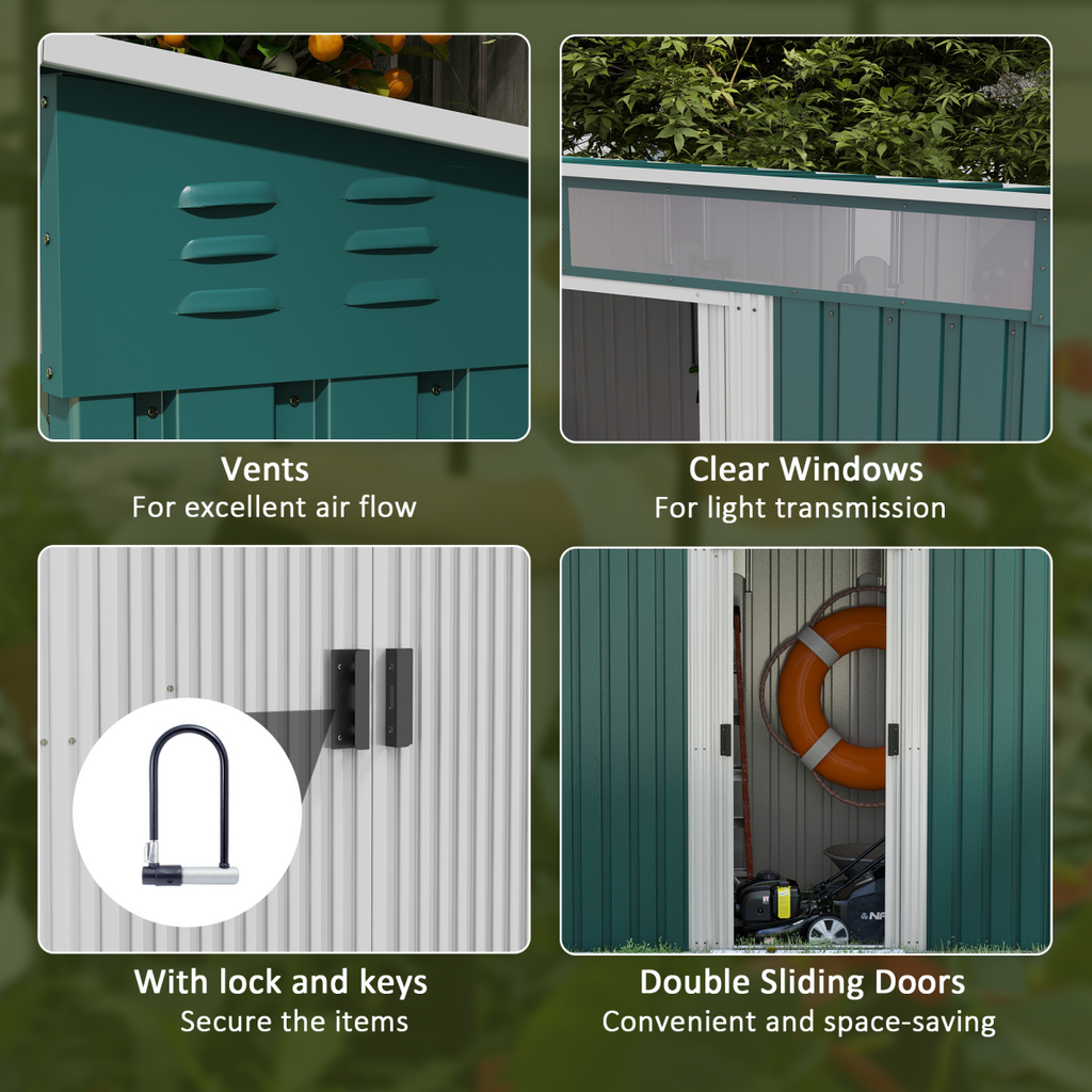 Outsunny 6.5x4FT Garden Shed with Foundation Lockable Metal Tool Shed Green