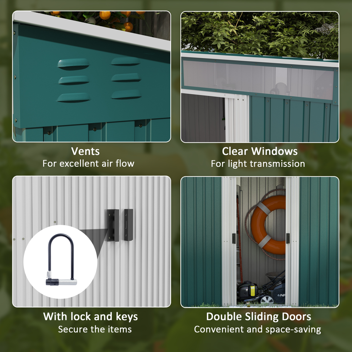 Outsunny 6.5x4FT Garden Shed with Foundation Lockable Metal Tool Shed Green