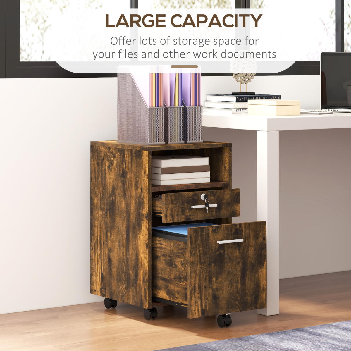 Vinsetto Rustic Mobile File Cabinet - Lockable, Wheeled & Stylish Storage Solution
