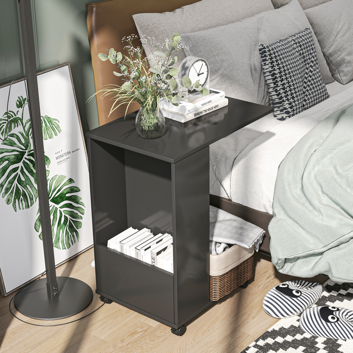 Mobile Sofa Side Table for Laptop Coffee w/ Storage and Casters, Black