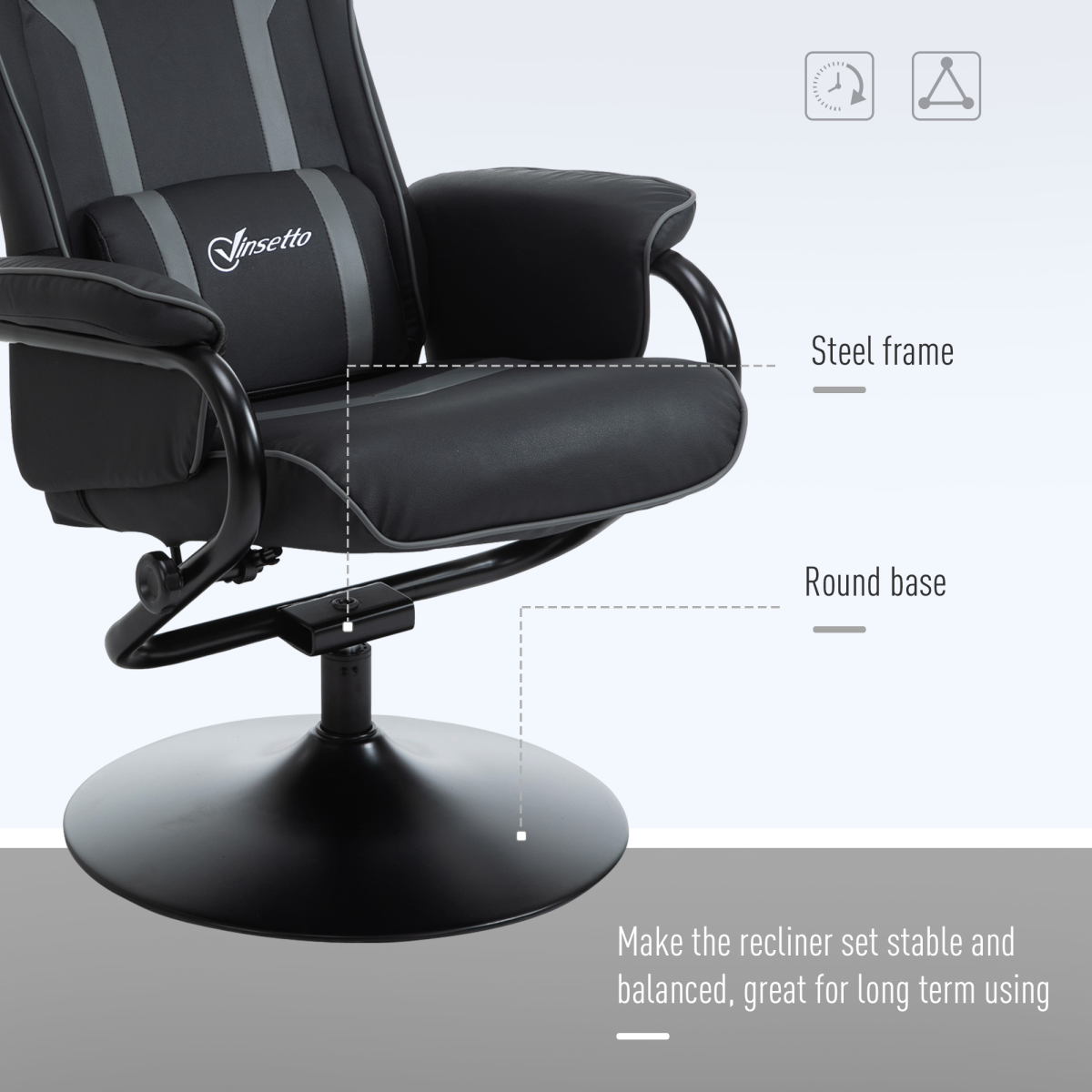 Video Game Chair Footrest Set Racing Style w/ Pedestal Base, Deep Grey