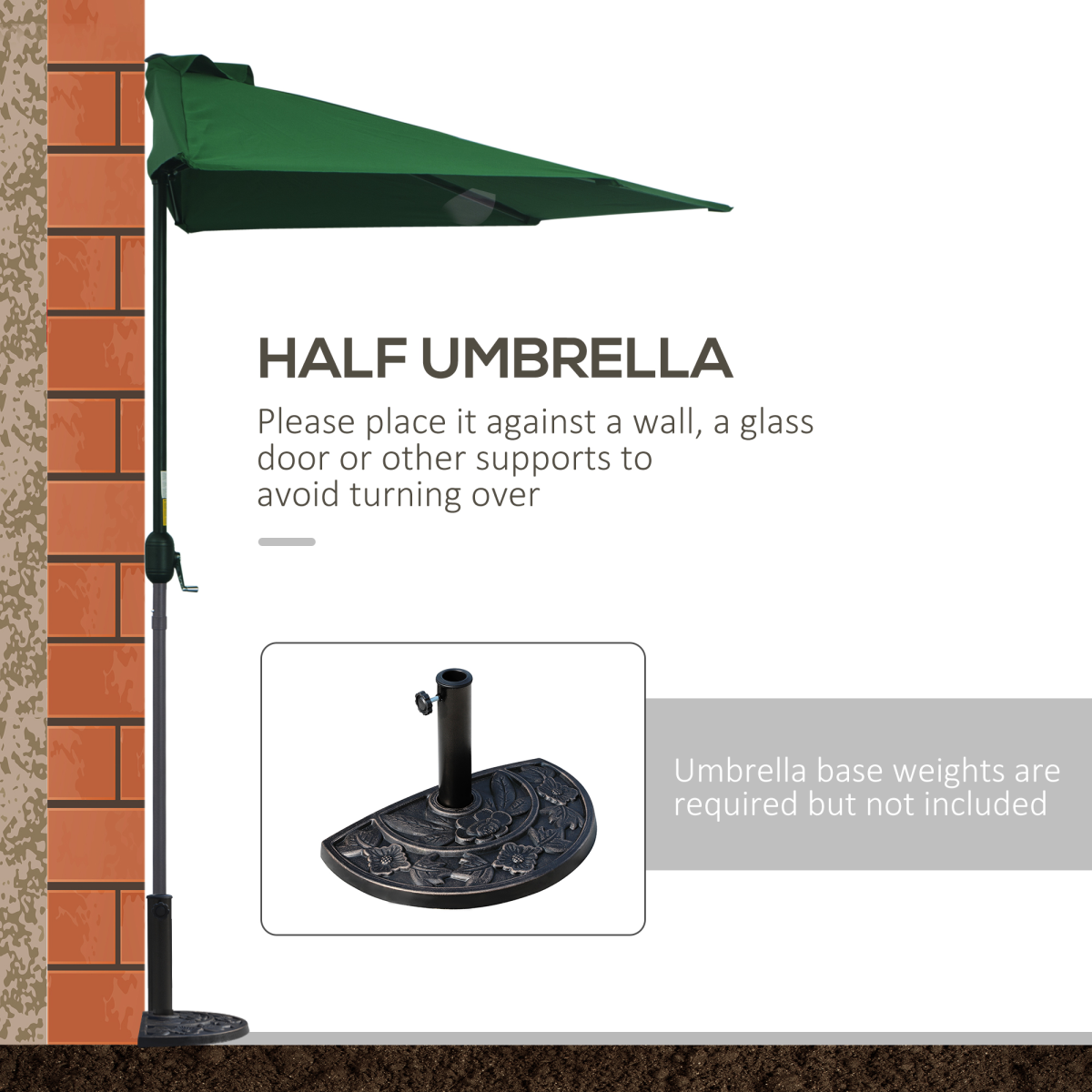 3m Half Parasol Umbrella Metal Frame Crank NO BASE INCLUDED, Green