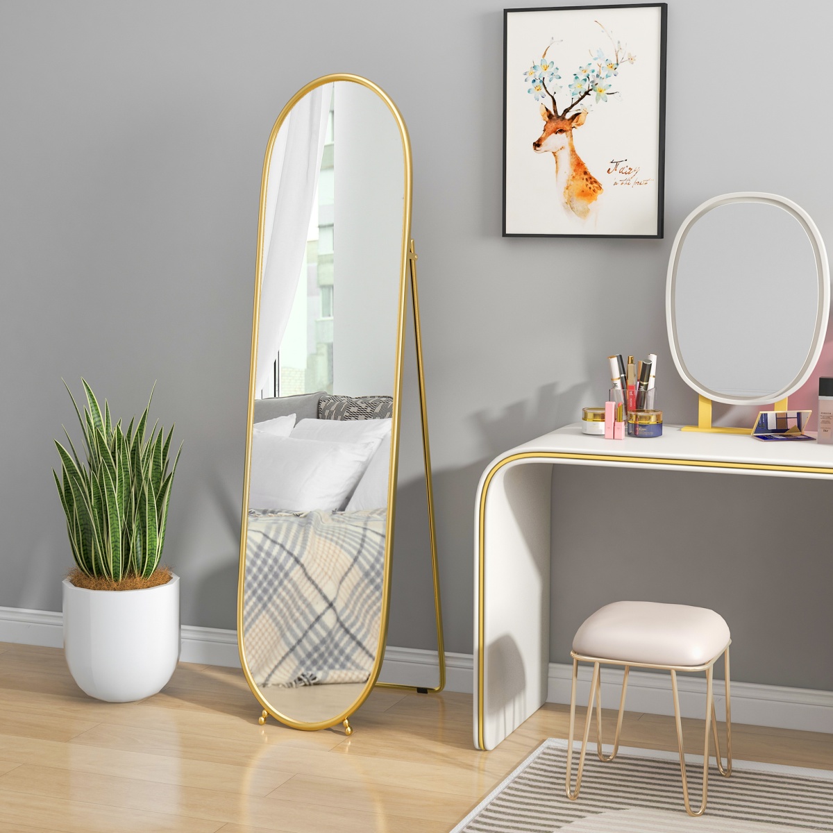 HOMCOM Oval Full Length Mirror with Metal Frame Hanging or Leaning Gold Tone