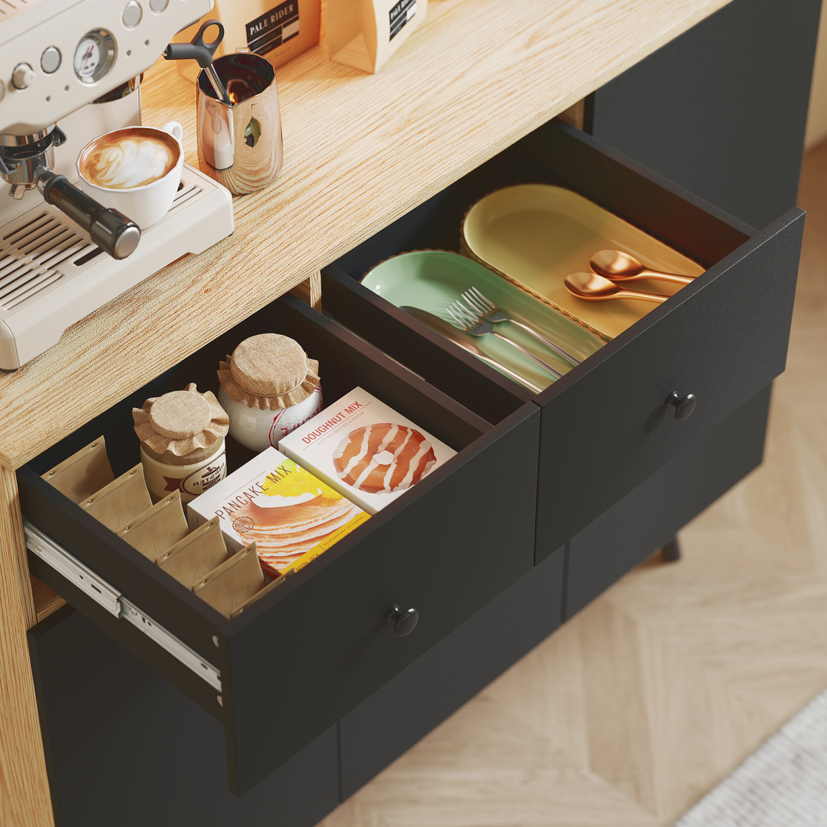 HOMCOM Tall Kitchen Cupboard with LED Lights and Adjustable Shelves, Oak