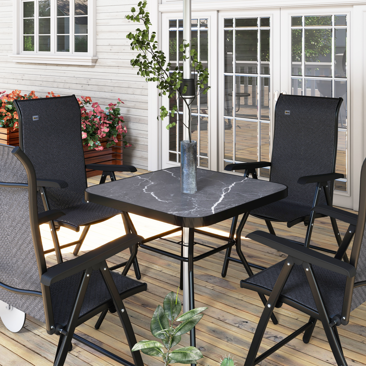 Outsunny Solar Patio Garden Parasol with Lights for Outdoor, Charcoal Grey